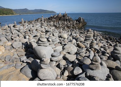 Balancing Rock Sculpture On The Beach Along The Captain Cook Highway North Of Cairns In Queensland Australia.