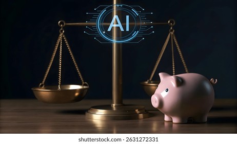 Balancing scales and a piggy bank with a glowing ai chip and digital circuit connections, illustrating the concept of artificial intelligence impacting wealth and investment strategy.