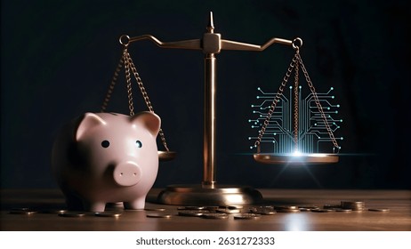 Balancing scales and a piggy bank with a glowing ai chip and digital circuit connections, illustrating the concept of artificial intelligence impacting wealth and investment strategy.
