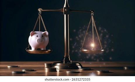 Balancing scales and a piggy bank with a glowing ai chip and digital circuit connections, illustrating the concept of artificial intelligence impacting wealth and investment strategy.