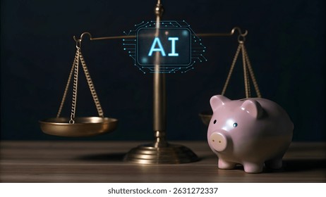 Balancing scales and a piggy bank with a glowing ai chip and digital circuit connections, illustrating the concept of artificial intelligence impacting wealth and investment strategy.