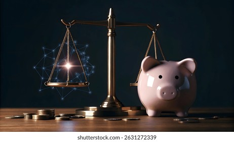 Balancing scales and a piggy bank with a glowing ai chip and digital circuit connections, illustrating the concept of artificial intelligence impacting wealth and investment strategy.