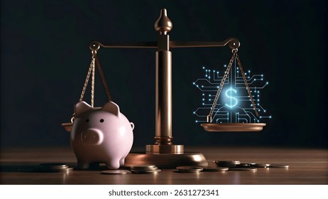 Balancing scales and a piggy bank with a glowing ai chip and digital circuit connections, illustrating the concept of artificial intelligence impacting wealth and investment strategy.