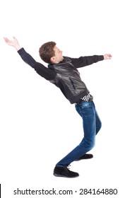 Balancing Young Man Or Dodge Falling Man. Rear View People Collection. Backside View Person. Isolated Over White Background. Man Blows The Wind. Guy In The Leather Jacket Falls On His Back. Side View.