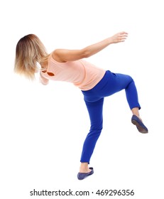 Balancing young woman.  or dodge falling woman. Rear view people collection.  backside view of person.  Isolated over white background. The blonde in a pink t-shirt falls on its side.