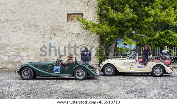 BALCHIK, BULGARIA - MAY 20, 2016.Retro car rally\
from Bucharest to the Bulgarian Black Sea at Balchik and then\
sailing with vintage boats, during the event \