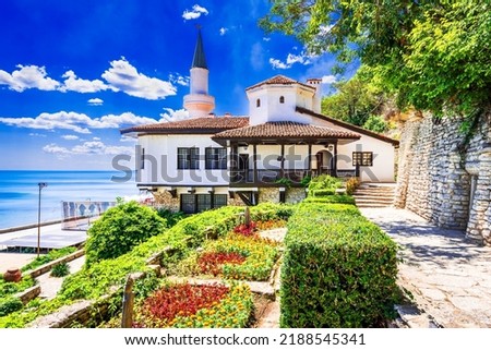 Balchik, Bulgaria. Balchik Palace and Bulgarian Black Sea coastline, Southern Dobruja. Travel background concept.