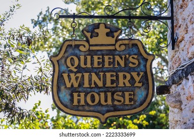 Balchik, Bulgaria - September 4, 2021: Signboard Of Queens Winery House In Balchik Palace