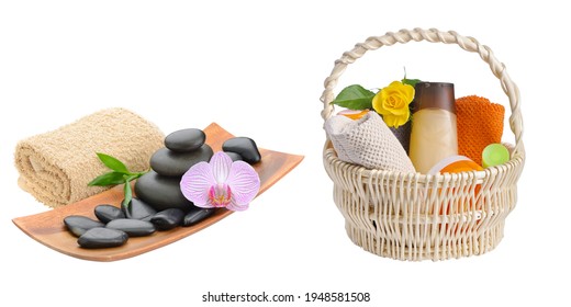 Balck stone with orchid flower, towel, baskets in flower shampoo, towels spa with white background - Shutterstock ID 1948581508