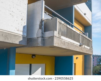 Balconies of condominium facade repaired after degradation and cracks in the reinforced concrete structure