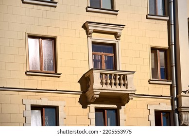 Balcony with with balustrade, old residential building. Stalinist architecture, building on Independence Avenue in Minsk. Stalin Empire style. Balcony of soviet building
