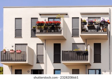 Balcony Facade of Modern Apartment Building. Garden Flowers on Balconies in Europe.  - Shutterstock ID 2328208661