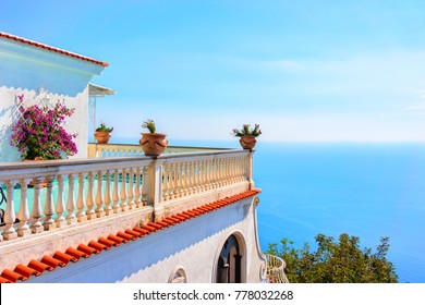 Balcony With Flowers And Tyrrhenian Sea In Nocelle At Path Of Gods, Amalfi Coast, Italy