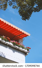 Balcony In Germany With Geranium Flower Boxes And Marquee Or Awning - Stay At Home Or Staycation Concept