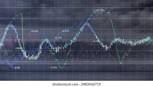 A balcony overlooking a large city. Global finance data processing and digital interface concept digitally generated image.