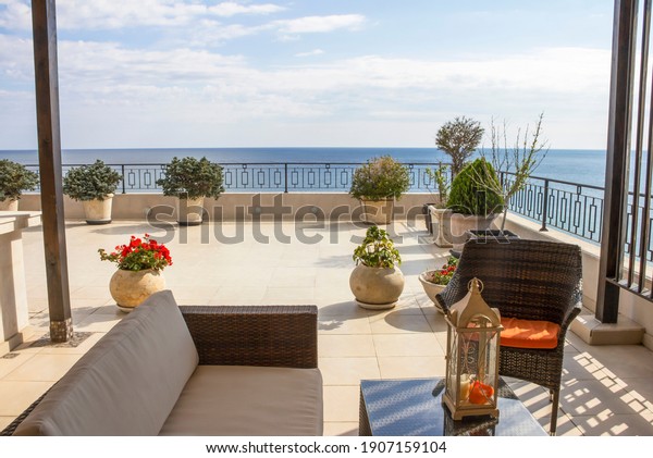 Balcony Overlooking Sea Relaxation Area On Stock Photo