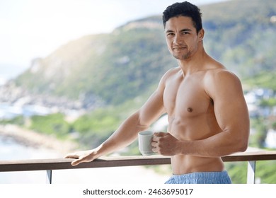 Balcony, portrait and man with coffee cup in morning on vacation, weekend holiday and shirtless in Bali. Smile, hot beverage and cappuccino with guy outdoor to relax, fresh air and pride in hotel - Powered by Shutterstock