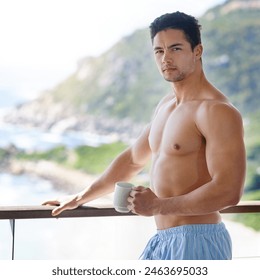 Balcony, portrait and man with coffee in morning on vacation, weekend holiday and shirtless in Bali. Tea, hot beverage and cappuccino with guy outdoor for relax, fresh air and travel idea in hotel - Powered by Shutterstock