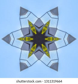 Balcony Real Estate Photo With Abstract Shape. Geometric Kaleidoscope Pattern On Mirrored Axis Of Symmetry Reflection. Colorful Shapes As A Wallpaper For Advertising Background Or Backdrop.