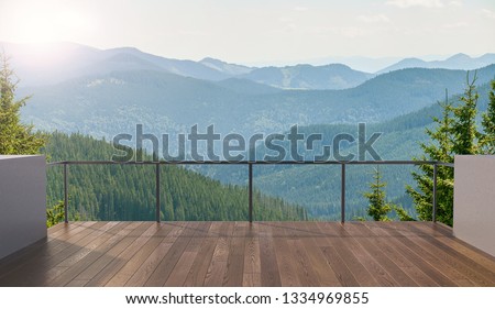 Balcony view of  mountains. Landscape. Sunny Day. Terrace with a beautiful view. Background with beautiful landscape.