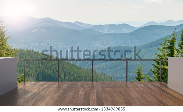 Balcony view\
of  mountains. Landscape. Sunny Day. Terrace with a beautiful view.\
Background with beautiful\
landscape.