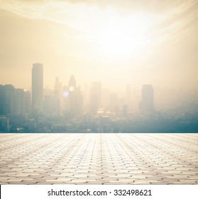 Balcony View At Roof Top With Stone Terrace And Blurred Hotel City Border Wallpaper Background