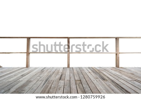 Balcony with wooden floor and wooden fence isolated on white background.