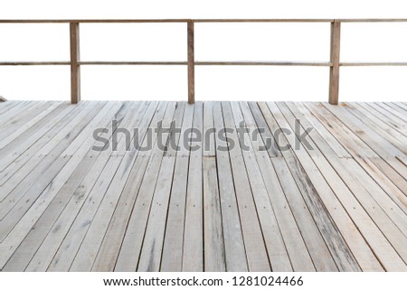 Balcony with wooden floor and wooden fence isolated on white background.