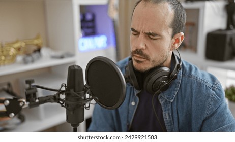 Bald bearded man in a denim jacket recording audio with a professional microphone and headphones in a music studio. - Powered by Shutterstock