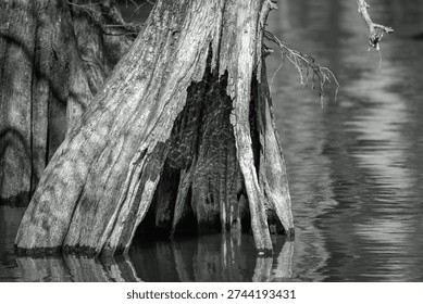 Bald Cypress tree trunks reflection on lake in Balk and white