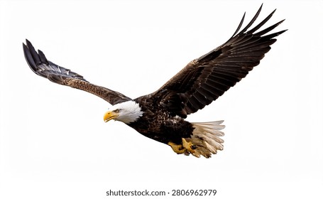 Bald Eagle Flying with Brown Wings and White Head Bird of Prey Isolated on White Background