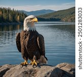 A Bald Eagle perches with regal poise on the branch of a towering pine tree, its posture exuding authority and vigilance. The eagle