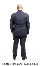 Bald Fat Man In A Suit. Full Height. Back View. Isolated On A White Background. Vertical.