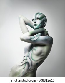 Bald Female Alien Body Paint Model Fantasy Science Fiction Fashion Theme