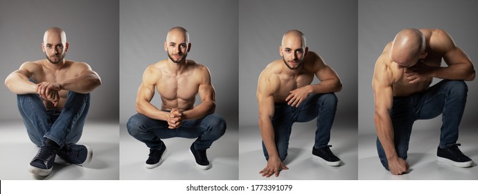 Bald Head Young Turkish Man Transformation Of Posing In Studio From Sit On Floor To Crouch While Showing His Topless Body With Visable Sixpack And Muscles On Arms And Chest