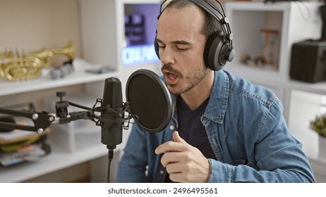 Bald hispanic man singing passionately into microphone in music studio wearing headphones and denim jacket - Powered by Shutterstock