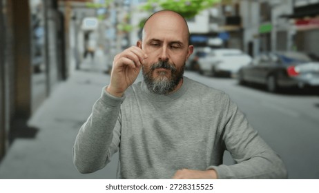 Bald man with beard dancing energetically on a bustling urban street, capturing lively outdoor atmosphere and dynamic movement.