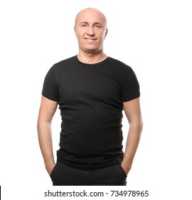 Bald Man In Black T-shirt On White Background