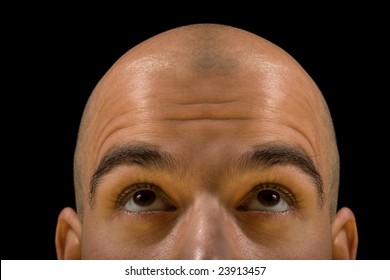Bald Man Head Looking Up Thinking, With Focus On Eyes