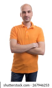 Bald Man Wearing Polo Shirt Isolated On A White Background