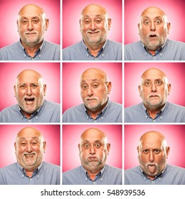 Bald Old Caucasian Senior Man Square Collection Set Of Face Expression Like Happy, Sad, Angry, Surprise, Yawn On Pink