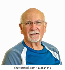 Bald Senior Man With Glasses And A Trimmed White Beard , Wearing Blue And White T Shirt On A Plain White Background