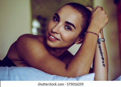 Bald Woman With Incredible Beautiful Eyes Gentle Natural Vision In The Morning In Bed Enjoying. The Concept Of A Happy Life, The Concept Of Happy Woman
