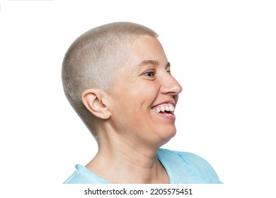 The Bald Woman Laughs. Positivity And Optimism. Close-up. Isolated On A White Background.