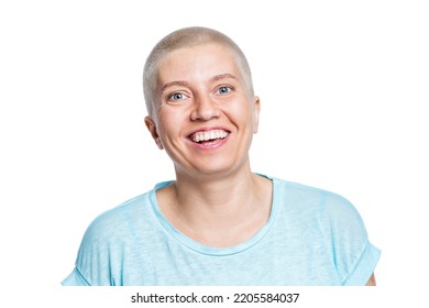 The Bald Woman Laughs. Positivity And Optimism. Close-up. Isolated On A White Background.