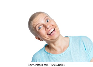 The Bald Woman Laughs. Positivity And Optimism. Close-up. Isolated On A White Background.