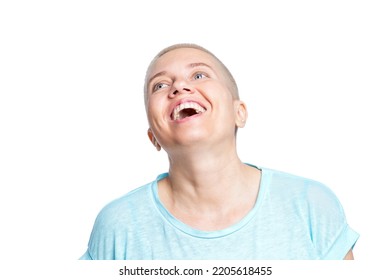 The Bald Woman Laughs. Positivity And Optimism. Close-up. Isolated On A White Background.