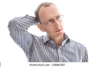 Balding Man Concerned Looking Away Isolated On White Background