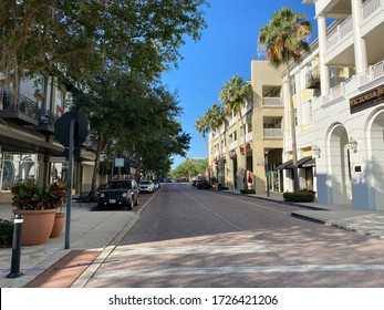 Baldwin Park, FL/USA-3/30/20:  A street in Baldwin Park Village Center in Baldwin Park, Florida on a sunny day.