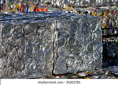 A Bale Of Compressed Tin Cans For Recycling